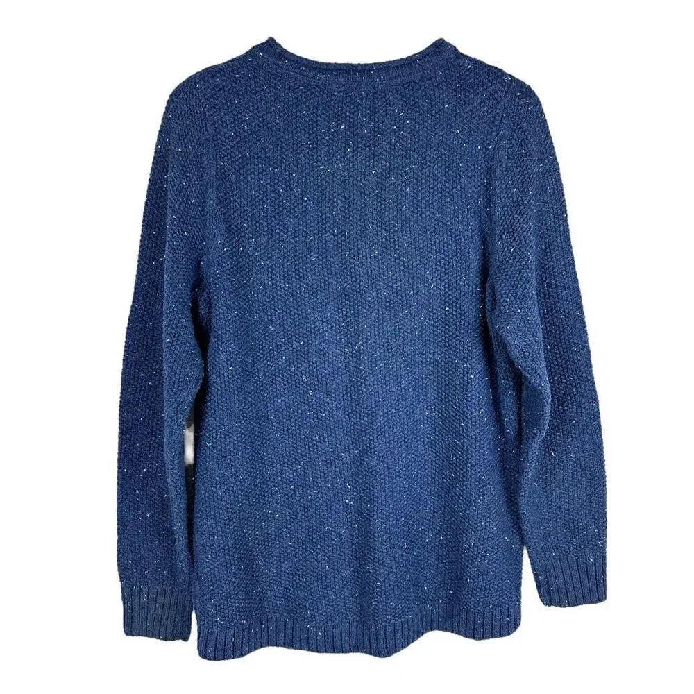 LL Bean Womens Medium Speckled Blue Sweater Cable Knit Cotton Blend 290395